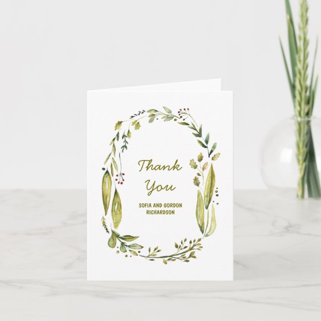 Laurel Woodland Watercolor Wedding Thank You Card (Front)