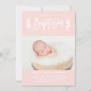 Laurel Wreath Blush Pink Photo Baptism Invitation