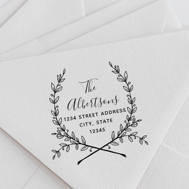 Laurel Wreath Calligraphy Name Return Address Rubber Stamp (Creator Uploaded)
