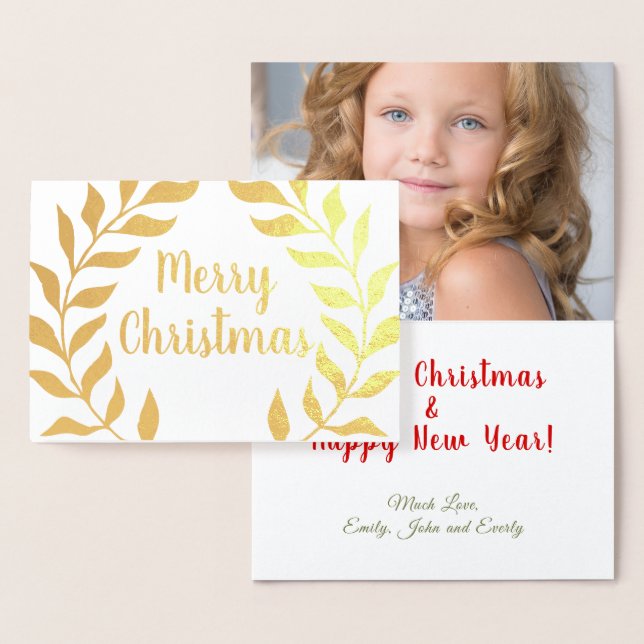 Laurel Wreath Christmas Photo Real Gold Foil Card (Display)