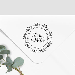 Laurel Wreath Couple Names Wedding Return Address Rubber Stamp