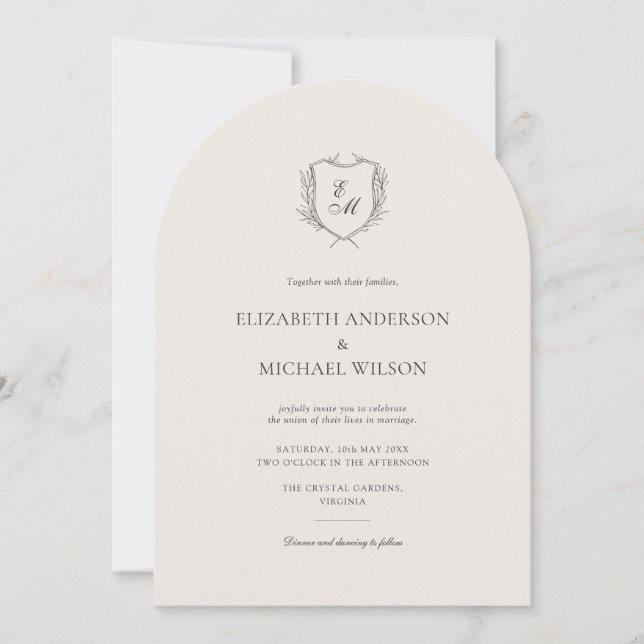 Laurel Wreath Crest Chic Arch Style Wedding Invitation (Front)