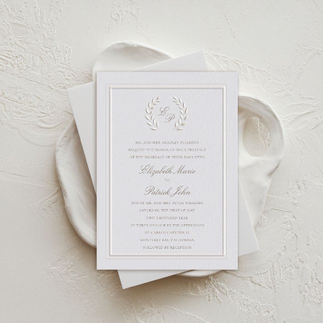 Laurel Wreath Crest Frame Classic Formal Wedding Invitation (formal traditional wedding invitation laurel crest monograms double frame ivory cream faux embossed)