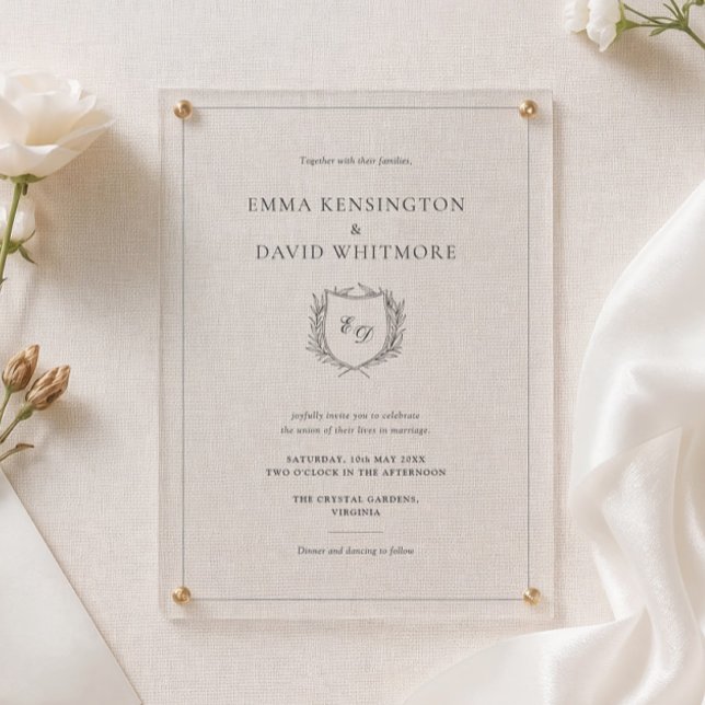 Laurel Wreath & Crest Minimalist Elegant Wedding Acrylic Invitations (Creator Uploaded)