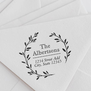 Laurel Wreath Custom Family Name Return Address Rubber Stamp