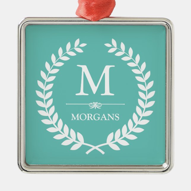 Laurel Wreath Decor Pastel Teal Family Monogram Metal Tree Decoration (Front)
