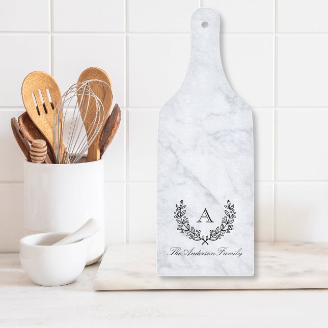 Laurel Wreath Family Name Monogram Paddle Glass Cutting Board (Creator Uploaded)