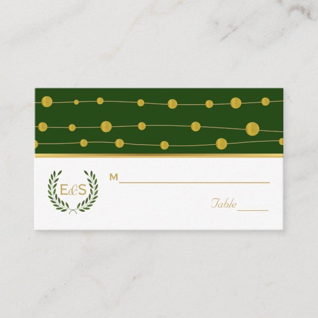 Laurel wreath gold foil green wedding place card (Front)