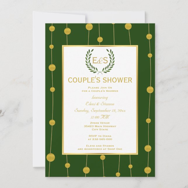 Laurel wreath gold foil wedding couple's shower invitation (Front)