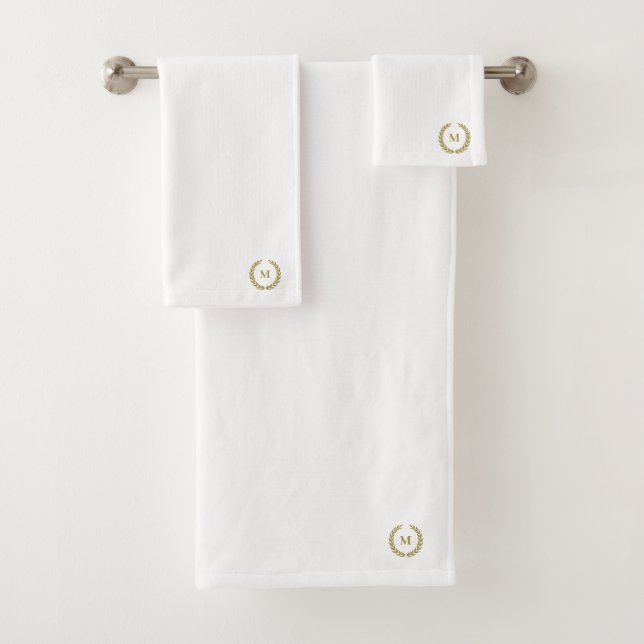 Laurel Wreath Gold Monogram Personalised White Bath Towel Set (Insitu)