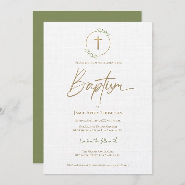 Laurel Wreath Green Gilded Gold Cross Baptism Invitation (Front/Back)