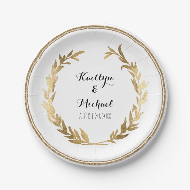 Laurel Wreath Leaf Foliage Greenery Gold Foil Paper Plate (Front)
