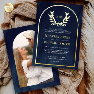 Laurel Wreath Leaves Navy Blue Wedding Gold