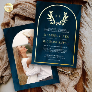 Laurel Wreath Leaves Ocean Blue Wedding Gold