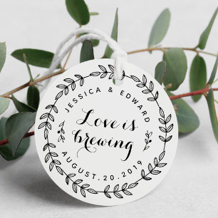 Laurel Wreath Love is Brewing Wedding Round Favour Tags