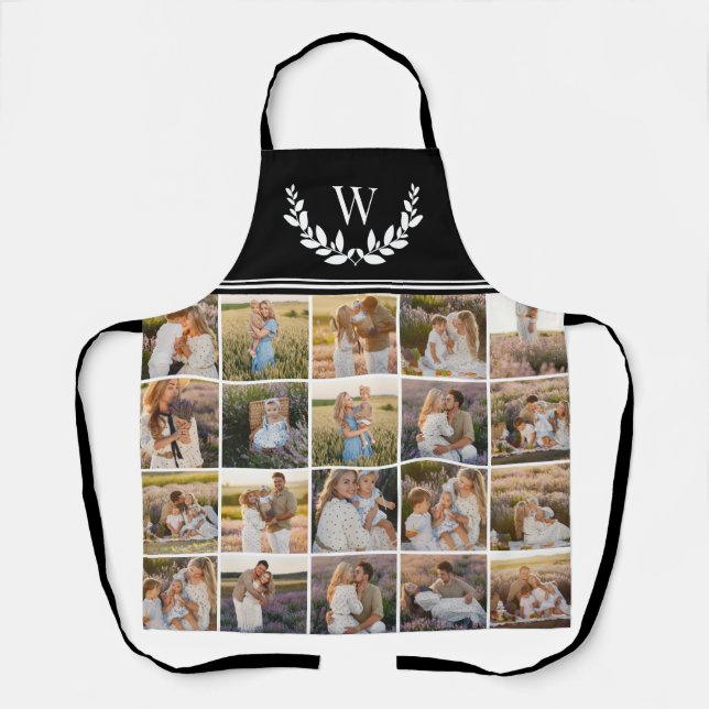 Laurel Wreath Monogram Black Photo Collage Apron (Front)