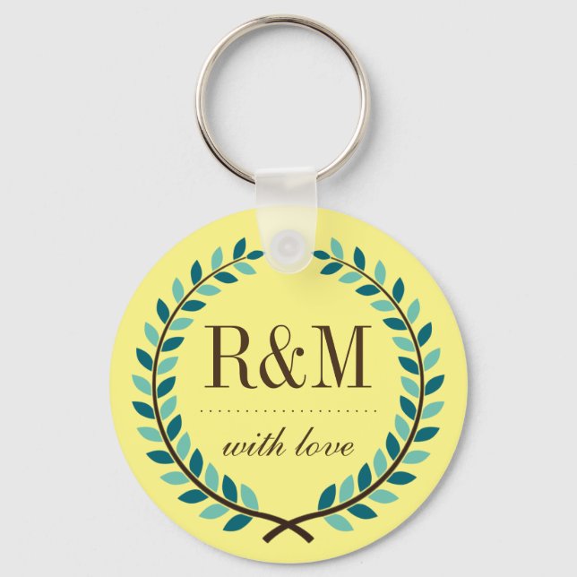 Laurel Wreath Monogram Keychain Yellow and Blue (Front)