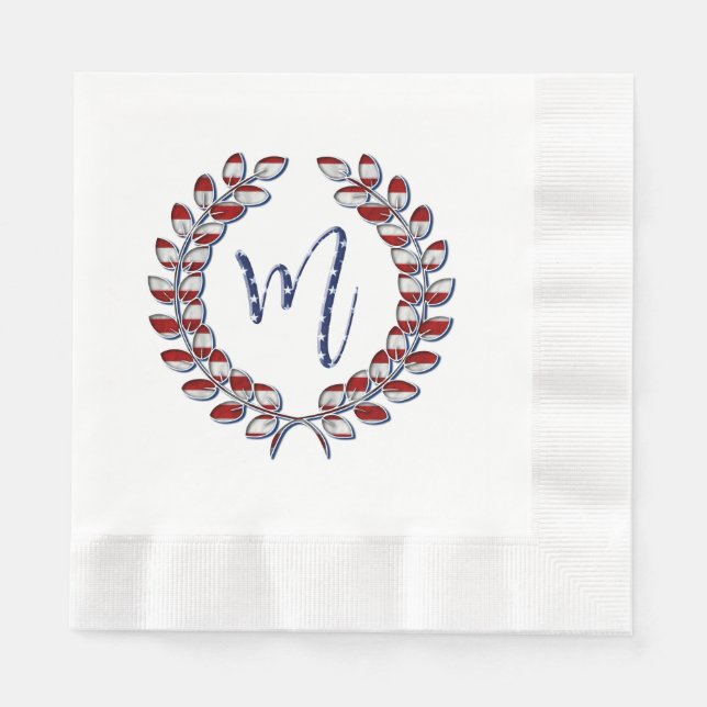 Laurel Wreath Monogram M Stars and Stripes USA Napkin (Front)