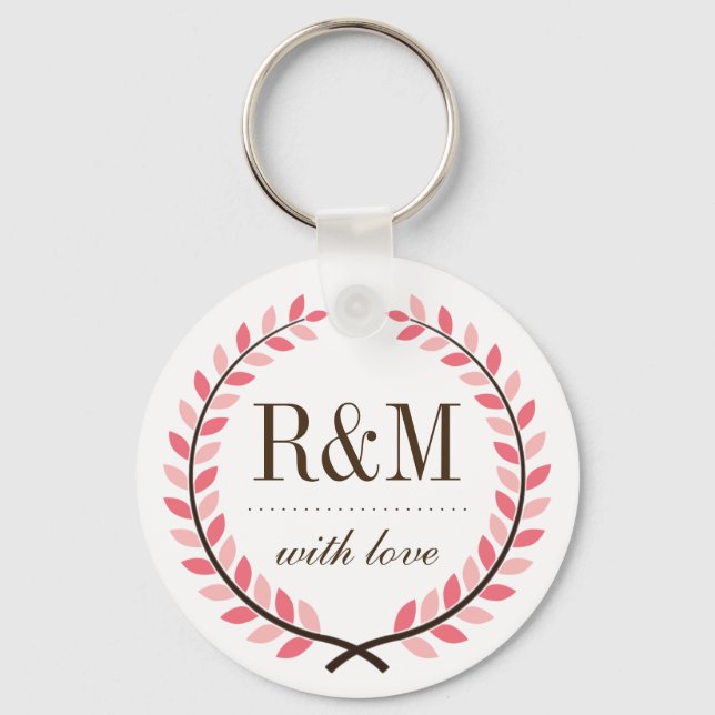 Laurel Wreath Monogram Wedding Keychain Pink White (Front)