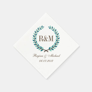 Laurel Wreath Monogram Wedding Napkin Blue White