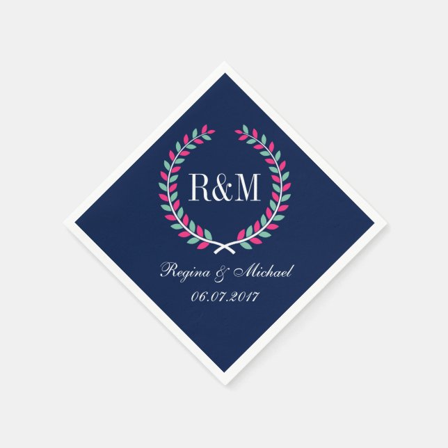 Laurel Wreath Monogram Wedding Napkin Navy Blue (Corner)