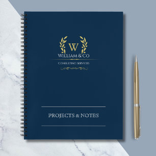 Laurel Wreath Navy Blue Gold Monogram Business Notebook