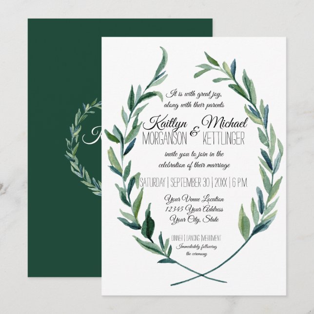 Laurel Wreath Olive Leaf Modern Emerald Green  Invitation (Front/Back)