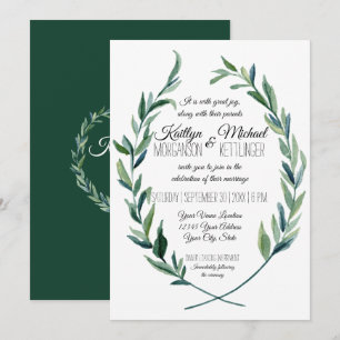 Laurel Wreath Olive Leaf Modern Emerald Green Invitation