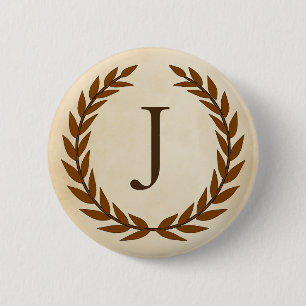 Laurel Wreath on Parchment Monogram Initial J 6 Cm Round Badge