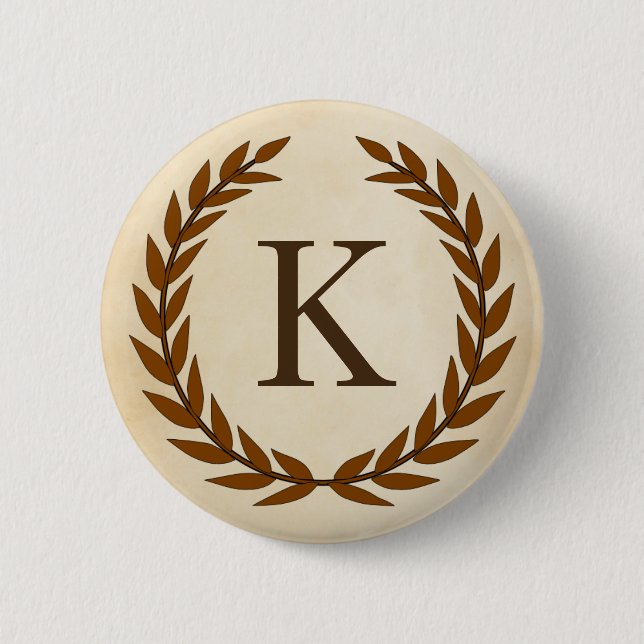 Laurel Wreath on Parchment Monogram Initial K 6 Cm Round Badge (Front)