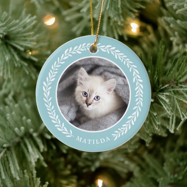 Laurel Wreath Pet Photo Christmas Ornament | Blue (Tree)