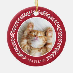 Laurel Wreath Pet Photo Christmas Ornament   Red