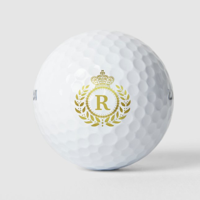 Laurel Wreath Royal Crown Faux Gold Monogram Golf Balls (Front)