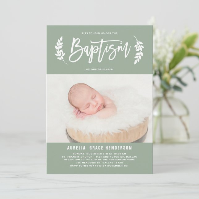 Laurel Wreath Sage Green Photo Baptism Invitation (Standing Front)