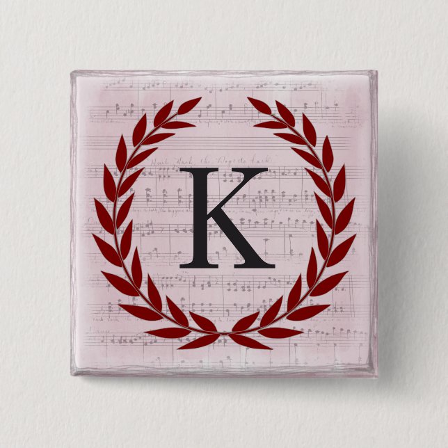 Laurel Wreath Sheet Music Monogram Initial K 15 Cm Square Badge (Front)