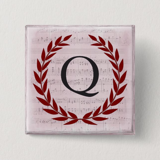 Laurel Wreath Sheet Music Monogram Initial Q 15 Cm Square Badge (Front)