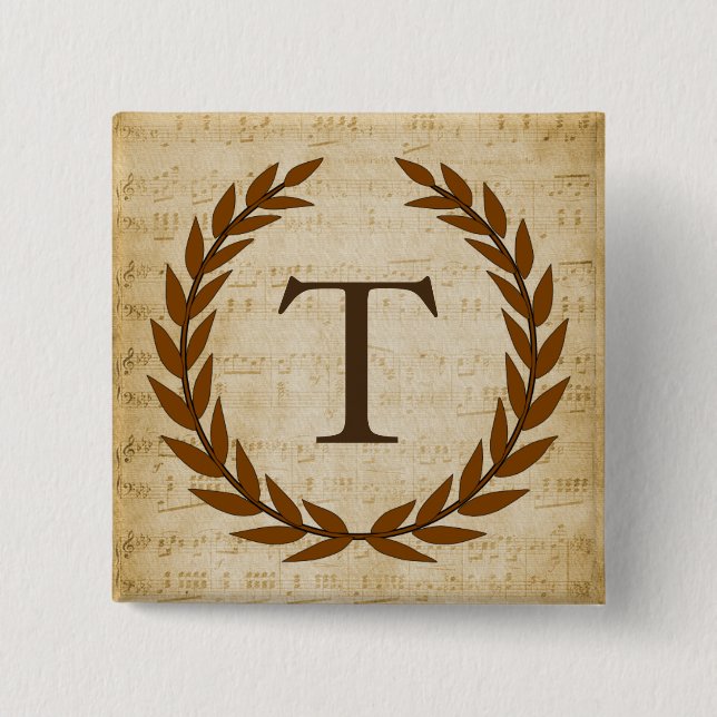 Laurel Wreath Sheet Music Monogram Initial T 15 Cm Square Badge (Front)