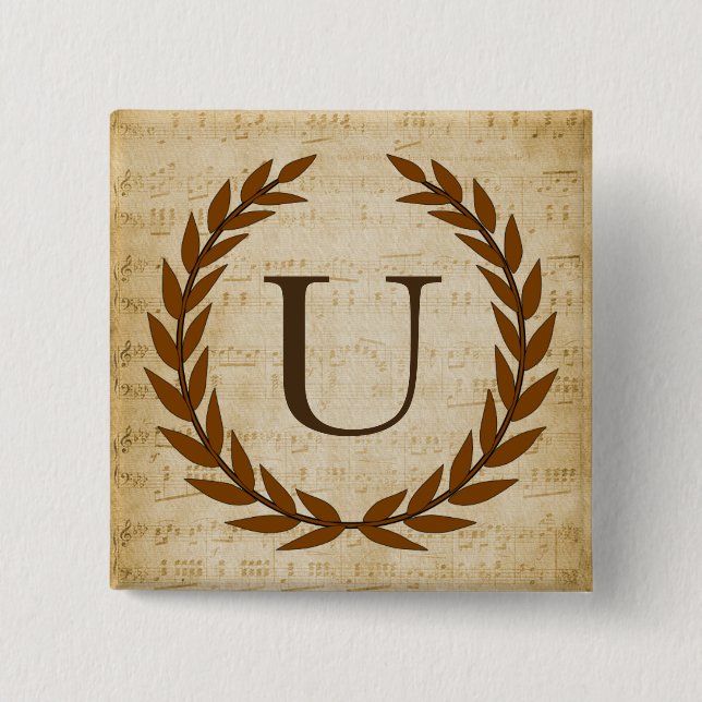 Laurel Wreath Sheet Music Monogram Initial U 15 Cm Square Badge (Front)