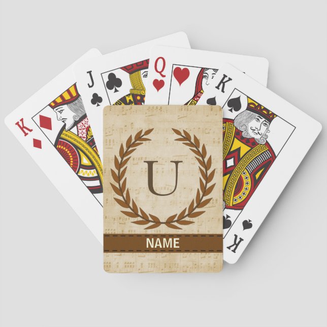 Laurel Wreath Sheet Music Monogram Initial U Playing Cards (Back)