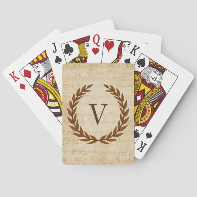 Laurel Wreath Sheet Music Monogram Initial V Playing Cards (Back)