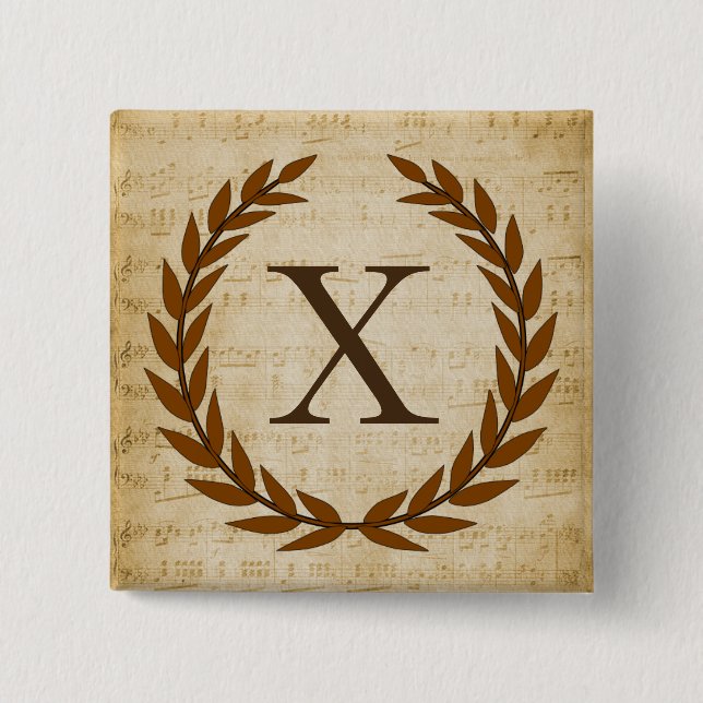 Laurel Wreath Sheet Music Monogram Initial X 15 Cm Square Badge (Front)