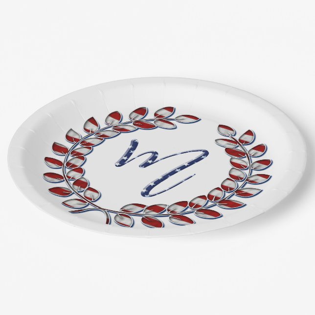 Laurel Wreath Stars and Stripes Monogram M Paper Plate (Angled)