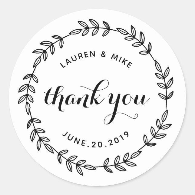 Laurel Wreath Wedding Favour Thank You Classic Round Sticker (Front)