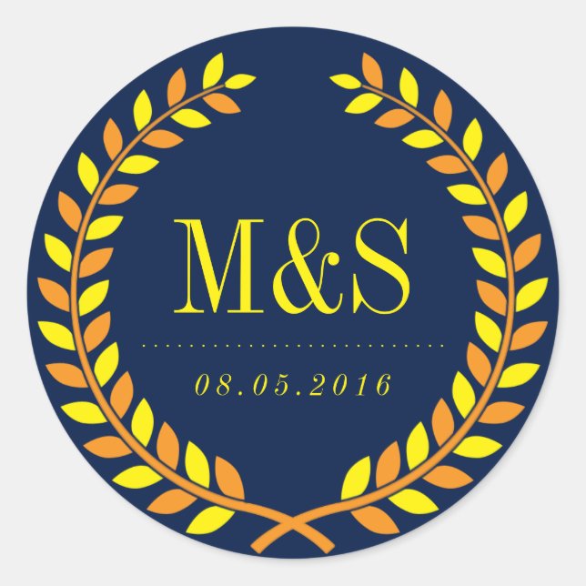 Laurel Wreath Wedding Sticker Navy Blue and Yellow (Front)