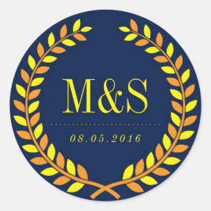 Laurel Wreath Wedding Sticker Navy Blue and Yellow