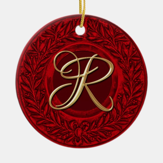 Laurel Wreath with Gold Monogram in Red Ceramic Tree Decoration (Front)