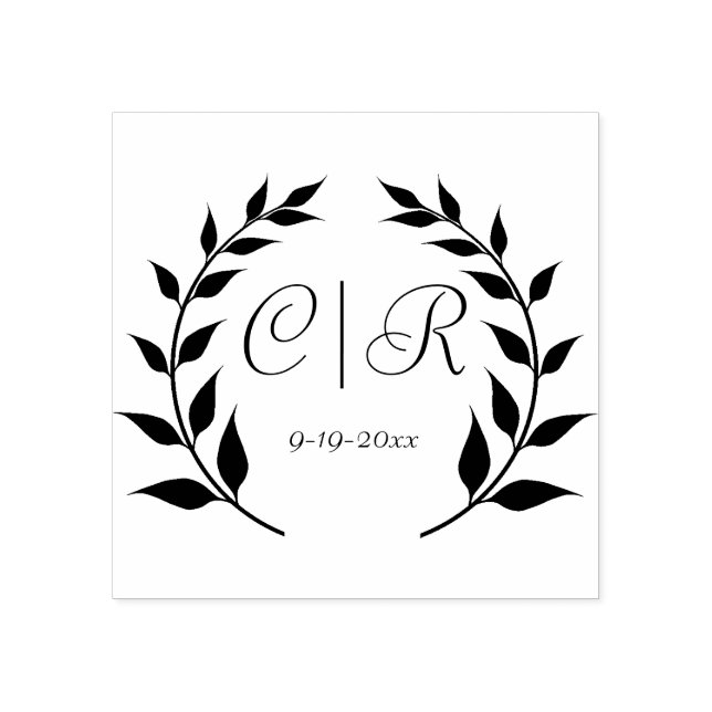 Laurel Wreath with Monogram and Wedding Date Rubber Stamp (Imprint)