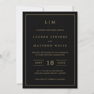 Lauren Black and Gold Monogram Elegant Wedding Invitation
