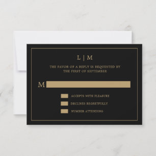 Lauren Black and Gold Monogram Elegant Wedding RSVP Card