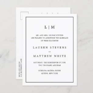 Lauren Black and White Monogram Elegant Wedding Announcement Postcard